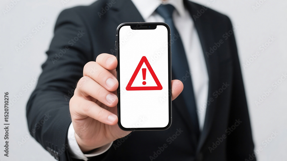 Poster a man in a suit holding a smartphone displaying a red warning sign on the screen in front of him