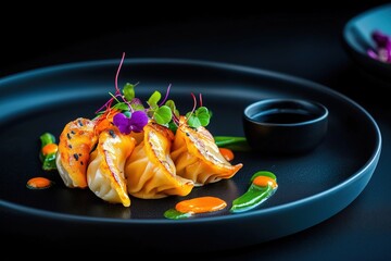Delicious dumplings on elegant plate restaurant setting food photography gourmet presentation close-up culinary art