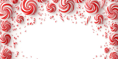 A festive arrangement of swirling red and white peppermint candies and small candy pieces scattered on a white background, creating a celebratory border.