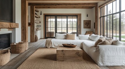 Rustic Living Room Design: Cozy and Elegant Space with Natural Wood Beams and Large Windows