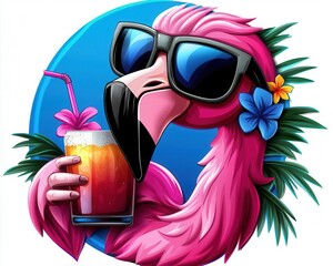 A vibrant pink flamingo wearing sunglasses, holding a tropical drink, surrounded by flowers and palm leaves, evoking summer vibes.