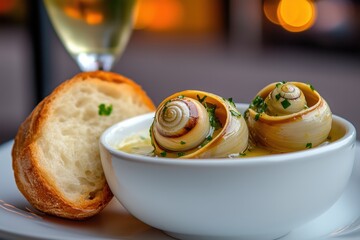 Gourmet snail dish presentation fine dining restaurant food photography elegant setting close-up view culinary art