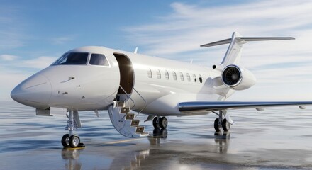 White private jet with open door and stairs parked on wet tarmac under blue sky