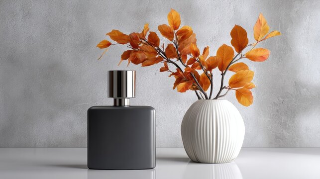 Amber elixir bottle framed by warm dried leaves for a luxurious vibe