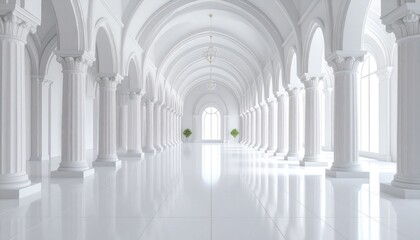 Sleek White 3D Visualization of a Majestic Hall with Classic Columns and Elegant Arches