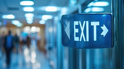 Blue emergency exit sign in a hospital hallway.