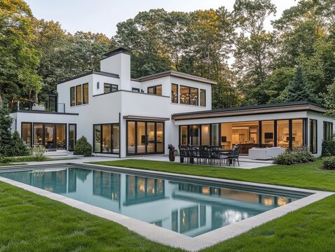 Modern white two-story house with a sleek, rectangular pool reflecting the structure, nestled in a lush green wooded area, featuring expansive glass windows and patio furniture