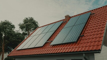 Multiple solar panels are installed on the red tile roof of a residential house.