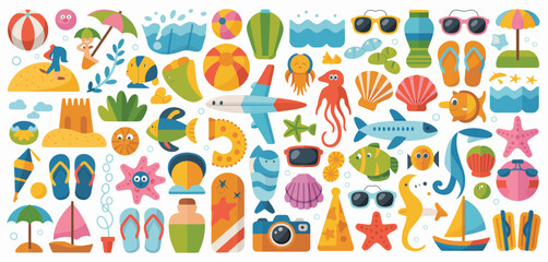 Summer Vacation Travel Icons Beach Ocean Sea Elements
