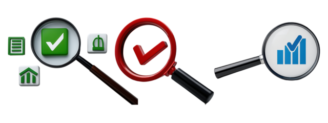 Magnifying glass with icons set, isolated on transparent background

