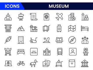 Vector line icons and stock image showcasing museum elements: exhibits, artifacts, galleries, history, culture, visitors, architecture, and educational displays in a refined setting.
