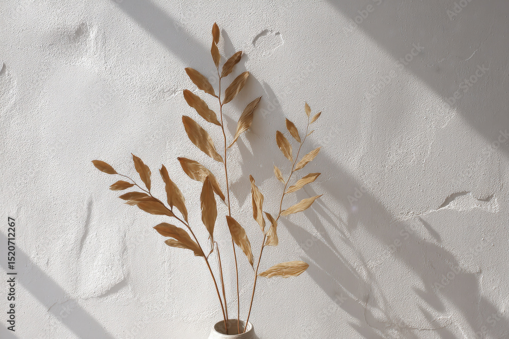Poster dried cornstalk leaves arranged abstractly in a minimalist setting, casting soft shadows on the text