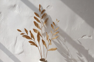 Dried cornstalk leaves arranged abstractly in a minimalist setting, casting soft shadows on the textured wall, creating a calm and serene atmosphere