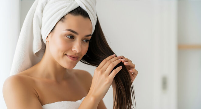 Woman with white towel combing long wet hair after shower in bathroom. Natural hair care routine and daily hygiene habits for healthy lifestyle and wellness treatments