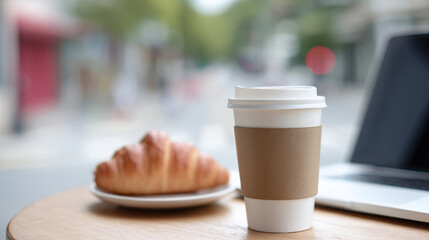 A to-go coffee cup with a blank kraft sleeve sits on a wooden table beside a golden croissant and a laptop in a blurred outdoor café setting