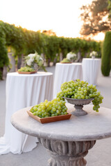 A scenic vineyard terrace features rustic stone tables adorned with fresh green grapes, surrounded by lush vines and soft evening light, creating an inviting atmosphere