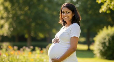 Smiling pregnant woman in white shirt holding belly outdoors in garden setting. Maternity photography and prenatal care for motherhood wellness services