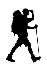 Silhouette of a hiker with a backpack and poles