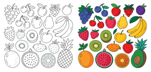 Colorful Fruit Collection Coloring Page Illustration