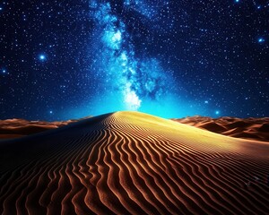 A stunning desert landscape under a starry night sky with vibrant colors and detailed sand dunes creating a magical atmosphere.