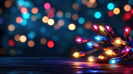 A vibrant display of colorful Christmas lights glowing against a dark background, perfect for festive and holiday themes.
