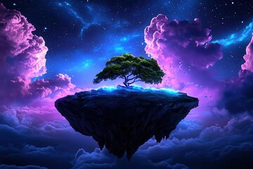 A stunning fantasy landscape featuring a lone tree on a floating island, surrounded by vibrant cosmic clouds and starry skies.