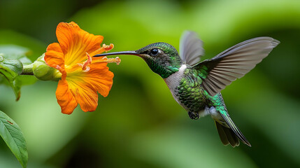 Fototapeta premium Hummingbird feeding from a vibrant orange flower.
