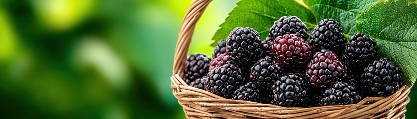 A rustic basket filled with fresh blackberries surrounded by vibrant green leaves, perfect for summer recipes and healthy snacks.