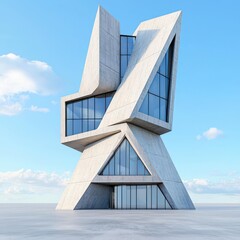 A stunning modern architectural structure featuring unique angles and large glass windows against a clear blue sky.
