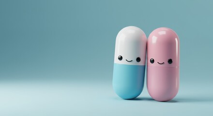 Obraz premium Cute Blue and Pink Pill Capsules with Smiling Faces on Light Blue Background