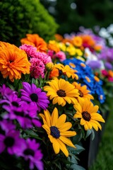 A vibrant display of colorful flowers in full bloom, showcasing a variety of shapes and hues in a garden setting.