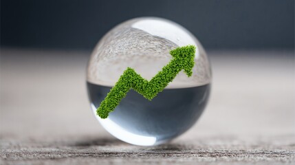 Green arrow in glass globe, Sustainability concept art, Great for eco finance or future market visuals
