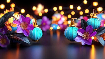 A vibrant arrangement of colorful lanterns and flowers, glowing softly against a dark background, perfect for festive decorations.