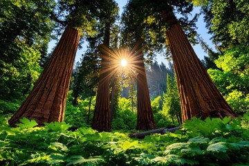 Majestic sequoia trees tower above a serene forest, with sunlight filtering through the lush greenery below, creating a peaceful ambiance.
