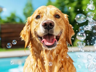 A cheerful golden retriever dog playfully enjoying splashes and bubbles in a sunny outdoor setting by the pool.