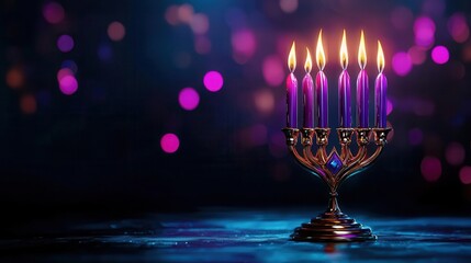 A beautifully lit menorah with vibrant candles against a colorful bokeh background, symbolizing light and celebration.