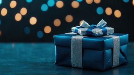 A beautifully wrapped blue gift box with a shiny bow, set against a background of twinkling bokeh lights.