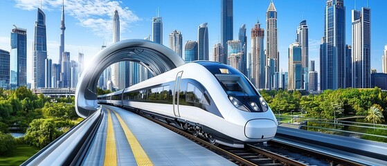 Futuristic train arriving at a modern station amidst skyscrapers in a vibrant city skyline, showcasing urban transportation technology.