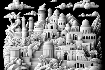 Intricately designed monochrome fantasy landscape featuring towering structures, mountains, and clouds in a surreal ambiance.