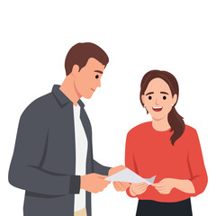 Couple is standing together, holding and looking at a piece of paper, appearing engaged and content. Flat vector illustration isolated on white background