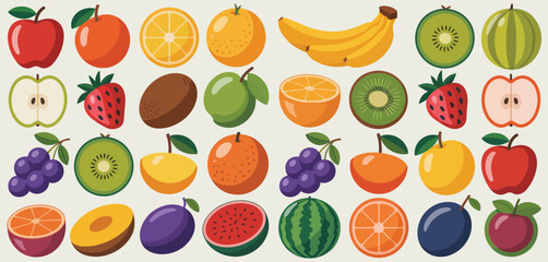 Assorted Fresh Fruits Collection Flat Lay Illustration