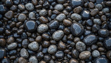 Wet Dark and Light Pebbles in Close-Up