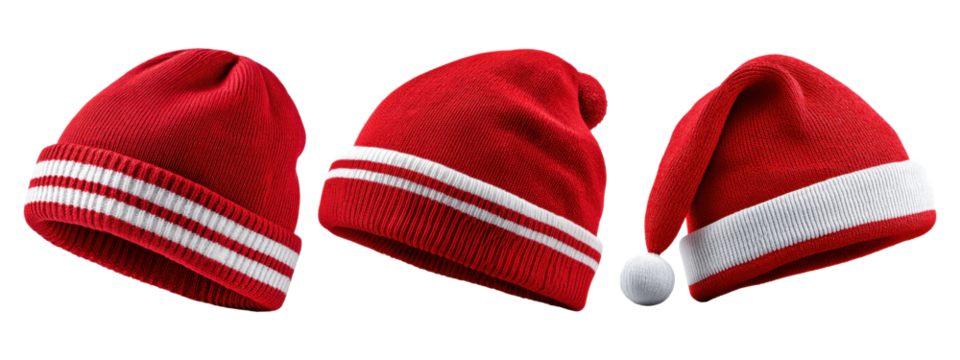 Red winter knit hat collection, isolated on transparent background