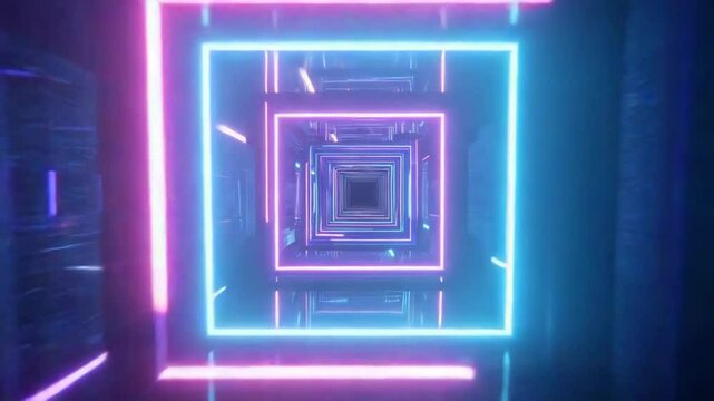 Neon Tunnel Corridor With Rectangular Grid Light Loop