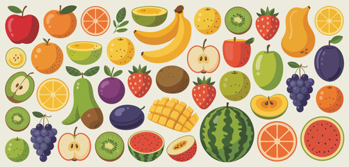 Assorted Fresh Fruits Colorful Flat Lay Illustration