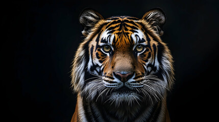 Fototapeta premium Close-up of a tiger's face against a dark background.