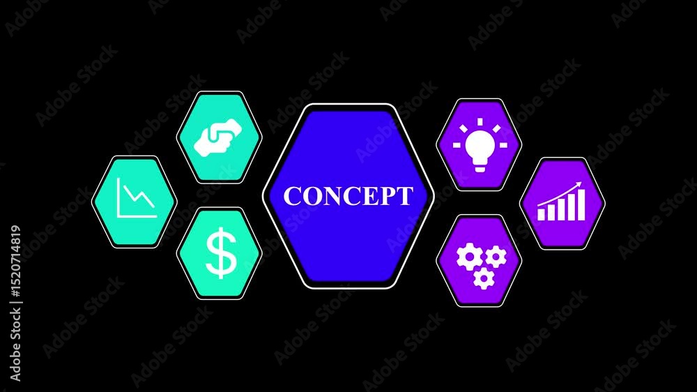 Aufkleber conceptual business elements with icons and hexagons presented on black background showcasing core i