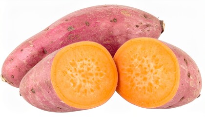 Red Sweet Potatoes on Isolated White Background – Vibrant Orange Flesh and Glossy Skin with Macro Detail and Bright Lighting