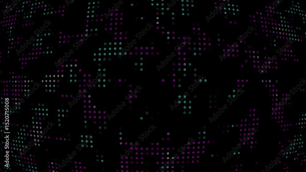 Poster abstract background of animated particles in cyan and magenta colors on a dark backdrop creating a d