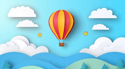 Fototapeta premium Colorful hot air balloon in a paper cut landscape.